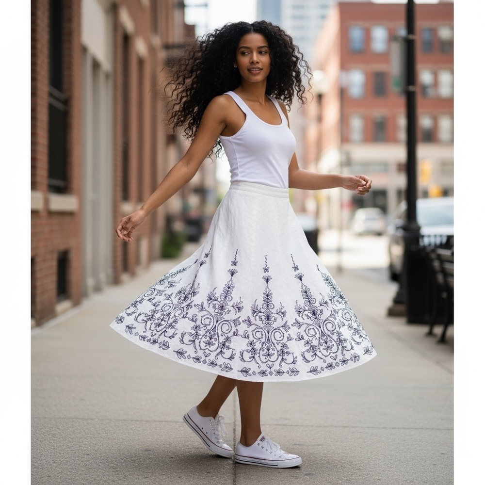 Tahari White Skirt with Black Embroidered Pattern - Picture 2 of 8